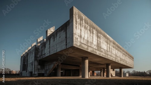 Modernist concrete building with a unique architectural design, showcasing bold lines and a minimalistic aesthetic against a clear sky.