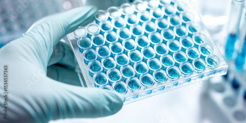 Scientist Holding Microplate with Blue Liquid for Scientific Research and Experimentation in the Laboratory Setting