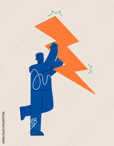 Man holding big lightning in hands. Colorful vector illustration
