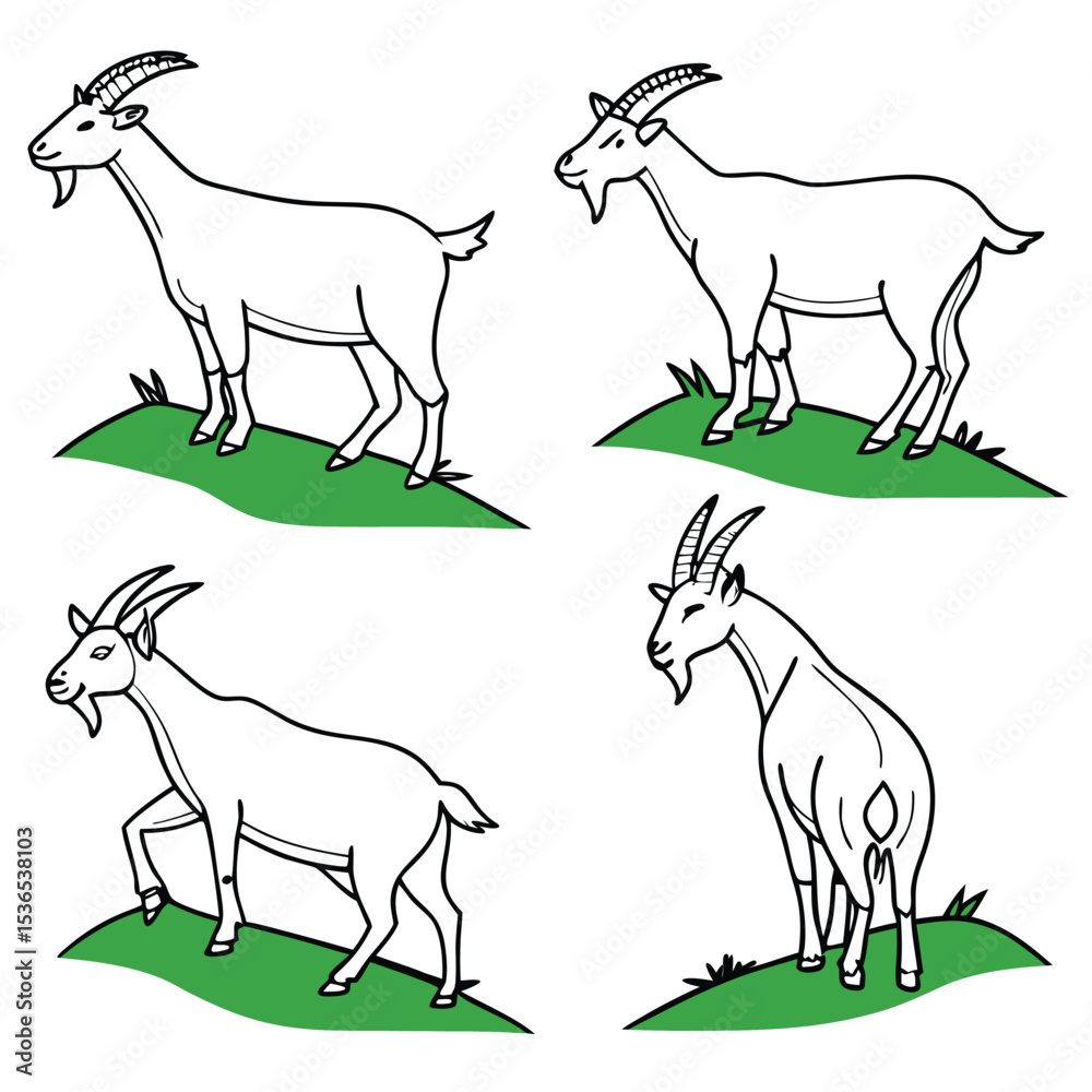 Fototapeta premium Illustrative Goats Grazing on Green Hills Depicted in Black and White Line Art Style Isolated Against a White Background