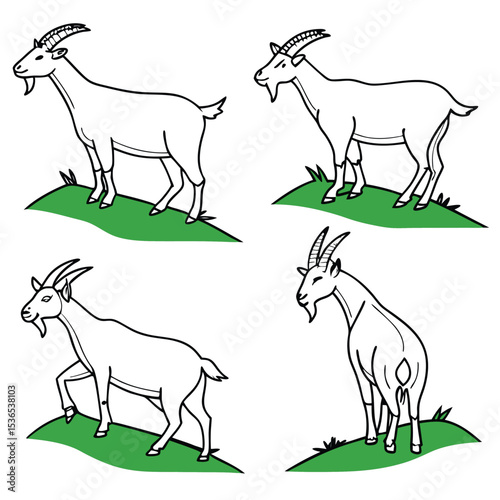 Illustrative Goats Grazing on Green Hills Depicted in Black and White Line Art Style Isolated Against a White Background