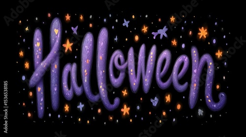 Hand-drawn Halloween lettering in purple surrounded by stars, bats and sparkles on black background perfect for festive posters, spooky party invites and Halloween greeting cards photo