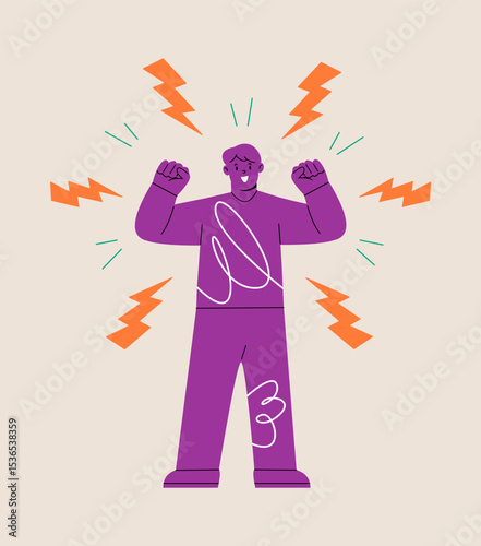 Energized man, confidence, optimism concept. Colorful vector illustration