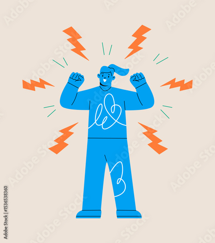 Energized woman, confidence, optimism concept. Colorful vector illustration