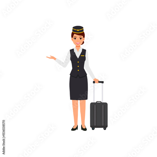 Smiling flight attendant with suitcase, showing off a healthy smile and white teeth. Vector illustration ideal for dental hygiene campaigns in travel and customer service contexts.