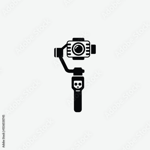 Stylized black and white gimbal stabilizer icon with camera lens. Modern vector design on light gray background, perfect for tech, video, and photography themes.