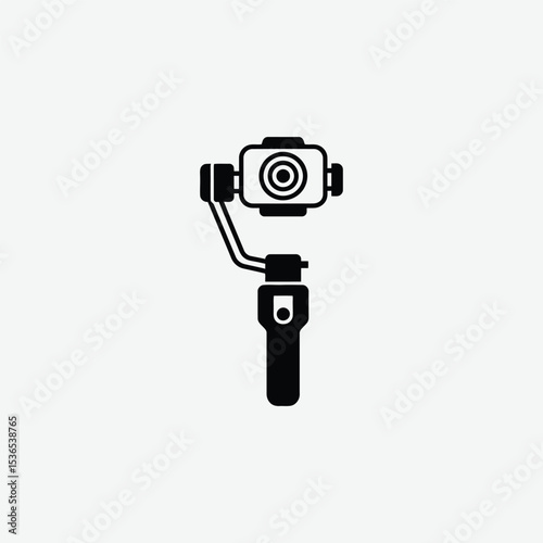 Stylized black and white gimbal stabilizer icon with camera lens. Modern vector design on light gray background, perfect for tech, video, and photography themes.