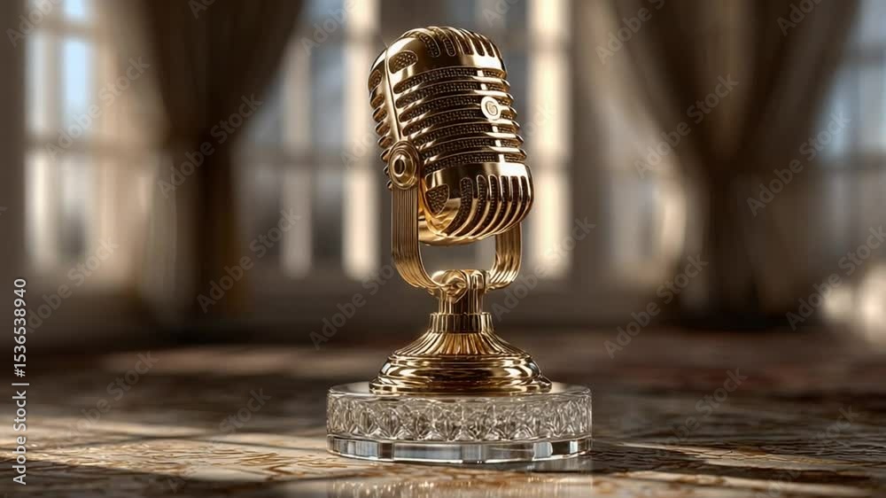 Elegant golden vintage microphone with a luxurious aesthetic for radio broadcasting