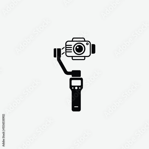 Stylized black and white gimbal stabilizer icon with camera lens. Modern vector design on light gray background, perfect for tech, video, and photography themes.