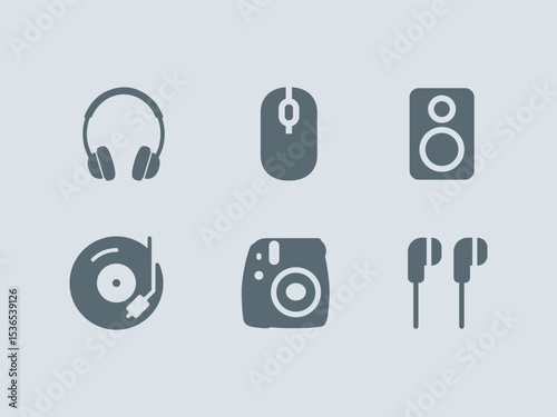 Simple Set of Music Related Vector Line Icons. Contains such Icons as headphone, mouse, soundbar, pickup, camera, on-ear headphone.