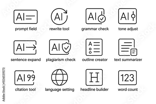 Ai writing tools icons including grammar check and plagiarism detection