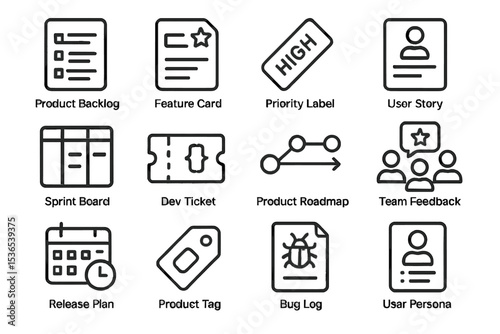 Icons depicting product management tools and workflow elements on dark background