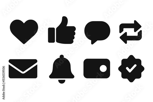 Social Media Icons. Solid style icons of social media interactions: heart, like button, comment bubble, repost arrow, message icon