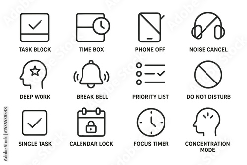 Productivity icons for deep work and time management with minimalist design