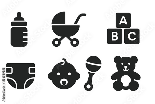 Parenting Icons Collection. Solid style icons of kids and parenting: baby bottle, stroller, pacifier, toy blocks, diaper icon,