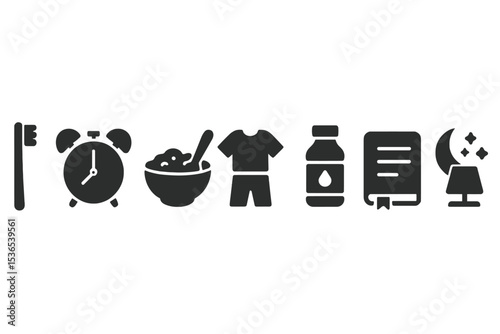 Daily Routine Icons. Solid style icons of daily routine and lifestyle: toothbrush, alarm clock, breakfast bowl, outfit icon,