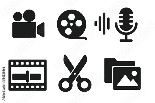 Multimedia Tool Icons. Solid style icons of multimedia and content creation: video camera, film reel, audio waveform, microphone