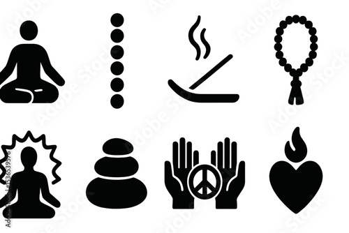 Spirituality and Wellness Icons. Solid style icons of spirituality and wellness: meditation pose, chakras icon, incense holder,