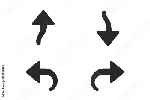 Tailed Arrow Icons. Solid style icons of directional arrows with tails: tailed arrow up, tailed arrow down, tailed arrow left,