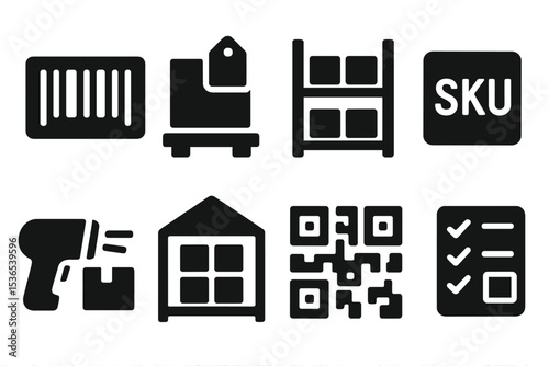 Warehouse Inventory Icons. Solid style icons of warehouse and inventory system: barcode icon, pallet tag, shelf row, SKU icon, box