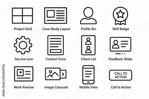 Icon set for ui design with project grid, profile bio, skill badge, and more