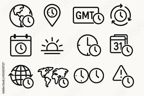 Time and world icons: clocks, calendars, maps, and global time zone symbols
