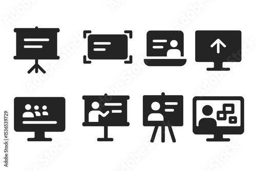 Remote Presentation Icons. Solid style icons of presentations in remote work: slideshow screen, full-screen slides, presenter