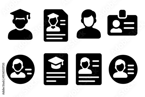 Student Profile Icons. Solid style icons of student bio and profile: avatar icon, about student block, user bio, identity card,