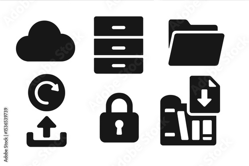 Course Resource Icons. Solid style icons of course storage and resources: cloud storage icon, lesson archive, resource folder,