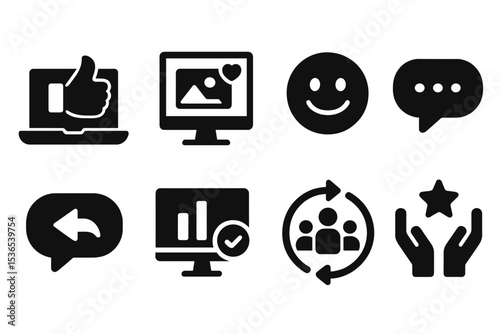 Remote Social Icons. Solid style icons of social engagement remotely: like icon, remote post, emoji reaction, comment icon, social