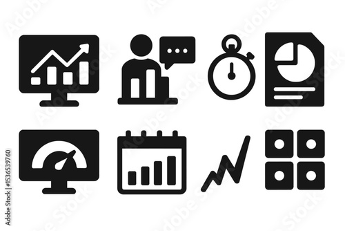 Remote Analytics Icons. Solid style icons of analytics for remote productivity: dashboard chart, engagement report, time tracker