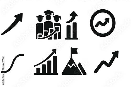 Education Growth Icons. Solid style icons of growth in education platforms: rising arrow, chart with learners, platform reach