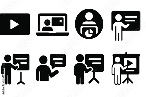 Presentation Icons Collection. Solid style icons of presentations and lectures: slide show icon, full screen course, lecture