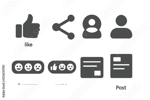 Social Tools Icons. Solid style icons of social tools in mobile apps: like icon, share arrow, social profile badge, follower