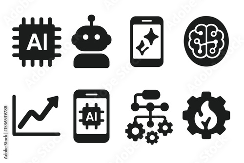AI App Icons. Solid style icons of AI in app development: AI chip icon, assistant bot, smart feature icon, neural network badge,