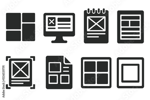 Wireframe Design Icons. Solid style icons of wireframe design: block layout, grayscale screen, UI sketch, module wireframe,