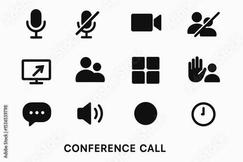 Conference call symbols: microphone, video, mute, chat, hand, screen sharing, grid, clock
