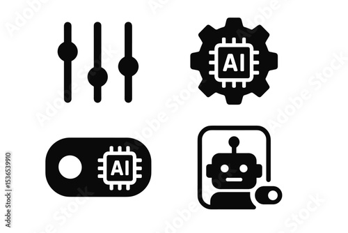 AI Settings Icons. Solid style icons of AI settings: control icon, gear AI, toggle chip, smart switch. Solid style of AI