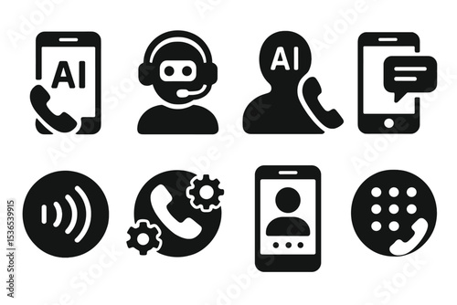 AI Calling Icons. Solid style icons of AI calling tools: smart call, voice bot, AI contact, conversation screen. Solid style of