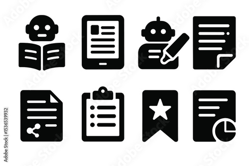 AI Reading Icons. Solid style icons of AI reading tools: AI reader, e-book panel, highlight bot, document AI. Solid style of text