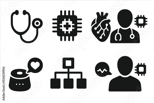 AI Healthcare Icons. Solid style icons of AI in healthcare: AI stethoscope, diagnostic chip, neural heart, AI doctor. Solid style