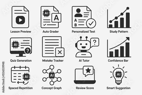 Ai education tools icons set: personalized test, quiz generation, study pattern