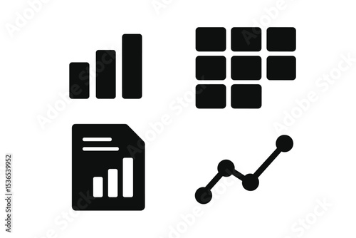 Financial Data Icons. Solid style icons of financial data: chart bars, data grid, report file, trend line. Solid style of income