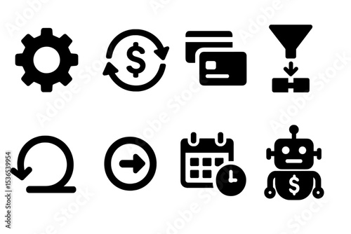 Finance Automation Icons. Solid style icons of finance automation: process gear, recurring payment, auto-transfer, rule engine.