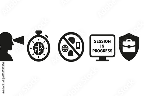 Deep Work Icons. Solid style icons of deep work session: person with focus beam, timer with brain icon, no distractions badge,