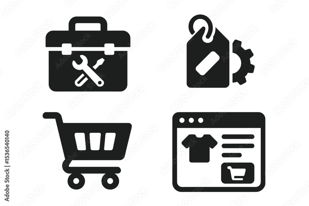 Freelance Shopping Icons. Solid style icons of freelance shopping: tool pack, software tag, cart icon, product panel. Solid style Freelance Shopping Icons. Solid style icons of freelance shopping: tool pack, software tag, cart icon, product panel. Solid style