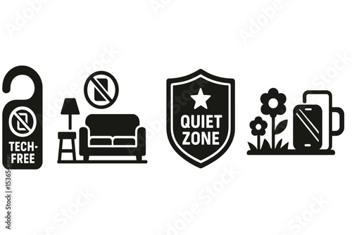 Tech-Free Zone Icons. Solid style icons of tech-free zone: door sign with tech-free icon, home space with no devices, quiet zone
