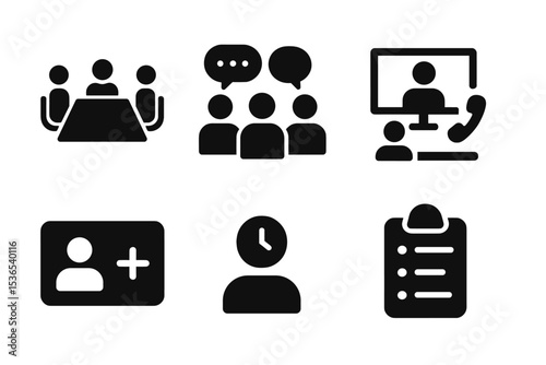 Business Meeting Icons. Solid style icons of meetings in business: meeting table, group chat, video board, call room. Solid style
