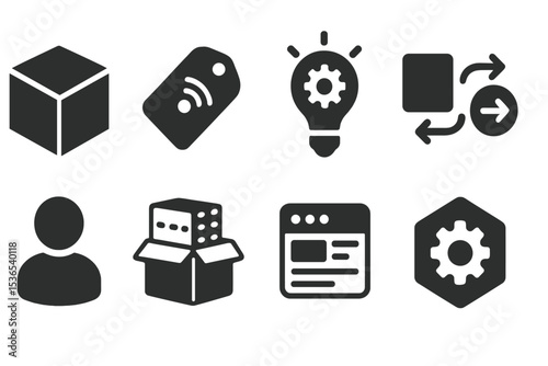 Innovative Product Icons. Solid style icons of product innovation: product box, smart tag, idea feature, product flow. Solid style