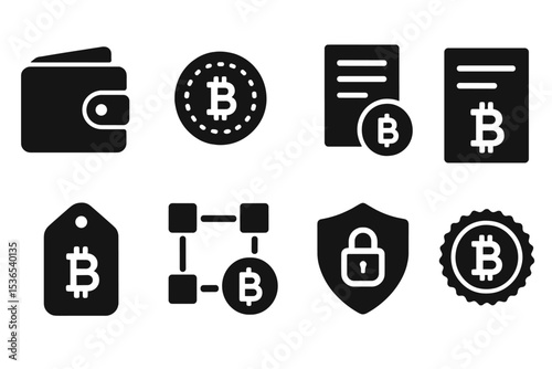 Crypto Payment Icons. Solid style icons of freelance crypto payments: wallet icon, digital token, payment log, crypto invoice.